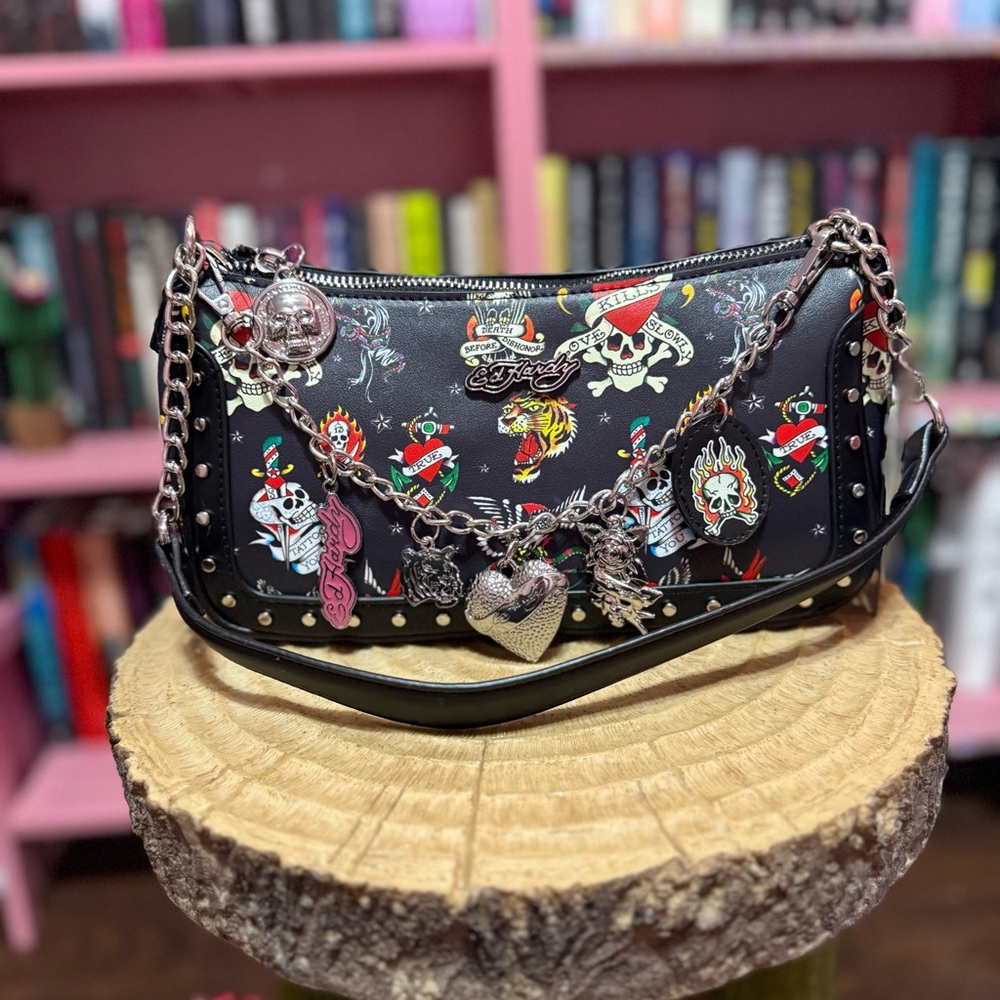 Ed Hardy Black and Multicolor Graphic Shoulder Bag
